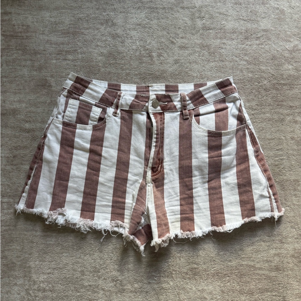 Altar'd State Brown and White Striped Jean Shorts - Picture 1 of 3